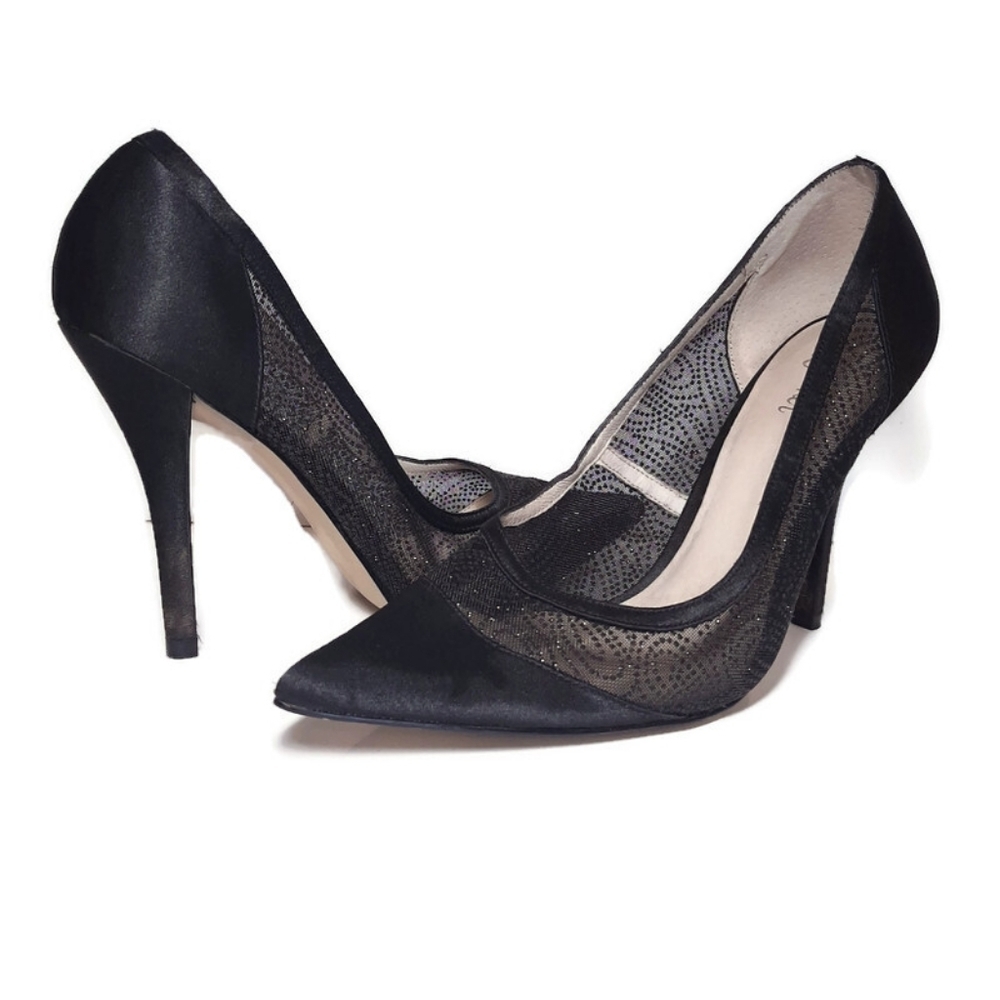 Wittner Knox Glitter Sheer Mesh Pointed Toe Black Satin High Heel Shoes Size 37